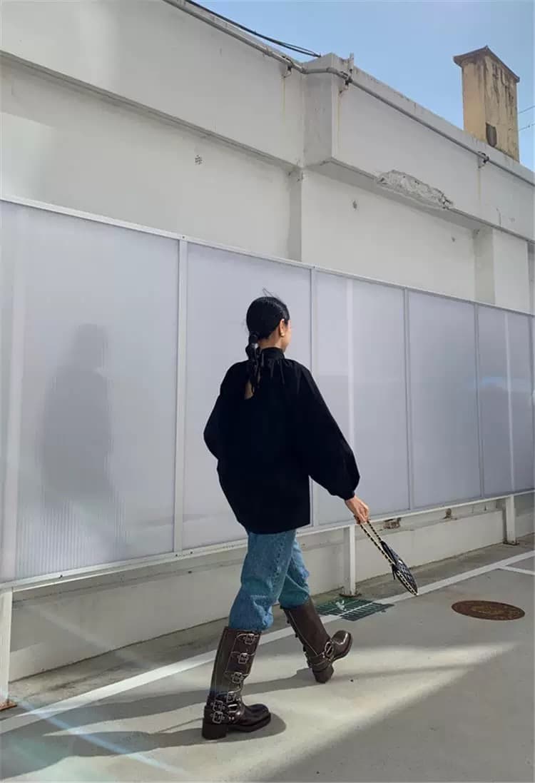 있음 선적 한 부서 느긋한 바람 작은 스탠드 칼라 이후 레이스업 벌룬 소매 긴팔 맨위 상세 이미지 9