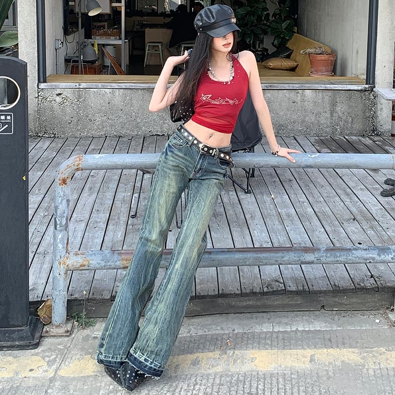 실사 레트로 색조 자수 마 오래된 워싱 로우 웨이스트 핫걸 청바지 긴 바지 루즈핏 부츠컷 와이드 레그 팬츠