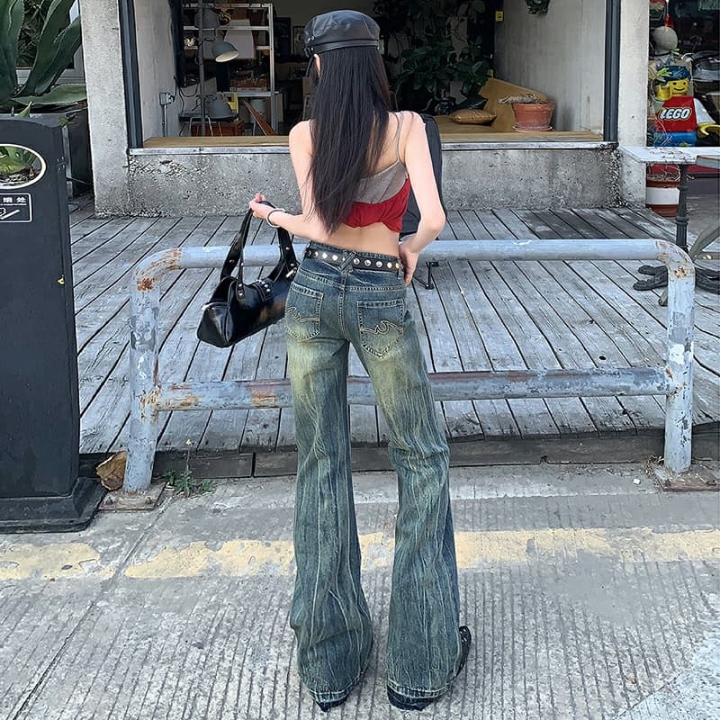 실사 레트로 색조 자수 마 오래된 워싱 로우 웨이스트 핫걸 청바지 긴 바지 루즈핏 부츠컷 와이드 레그 팬츠 이미지 3