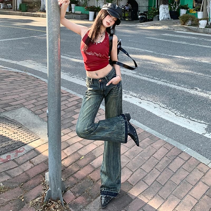 실사 레트로 색조 자수 마 오래된 워싱 로우 웨이스트 핫걸 청바지 긴 바지 루즈핏 부츠컷 와이드 레그 팬츠 이미지 4