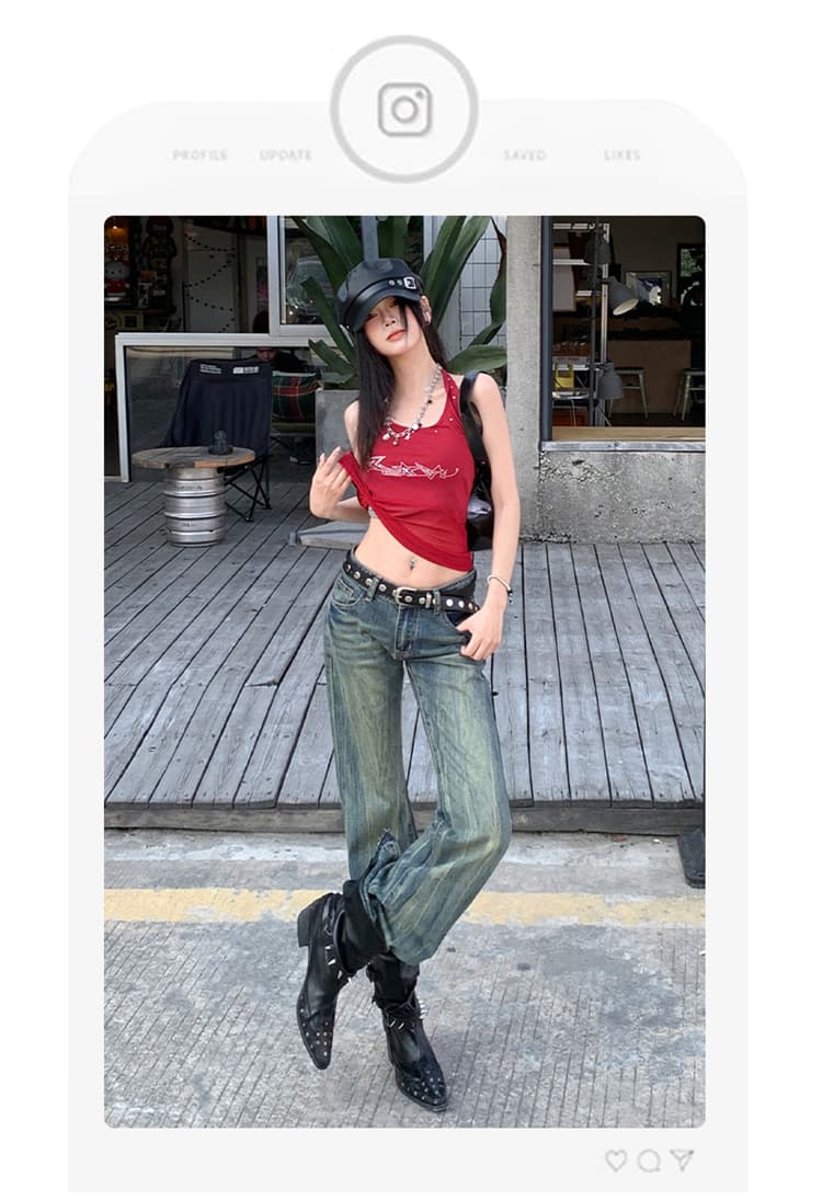 실사 레트로 색조 자수 마 오래된 워싱 로우 웨이스트 핫걸 청바지 긴 바지 루즈핏 부츠컷 와이드 레그 팬츠 상세 이미지 6