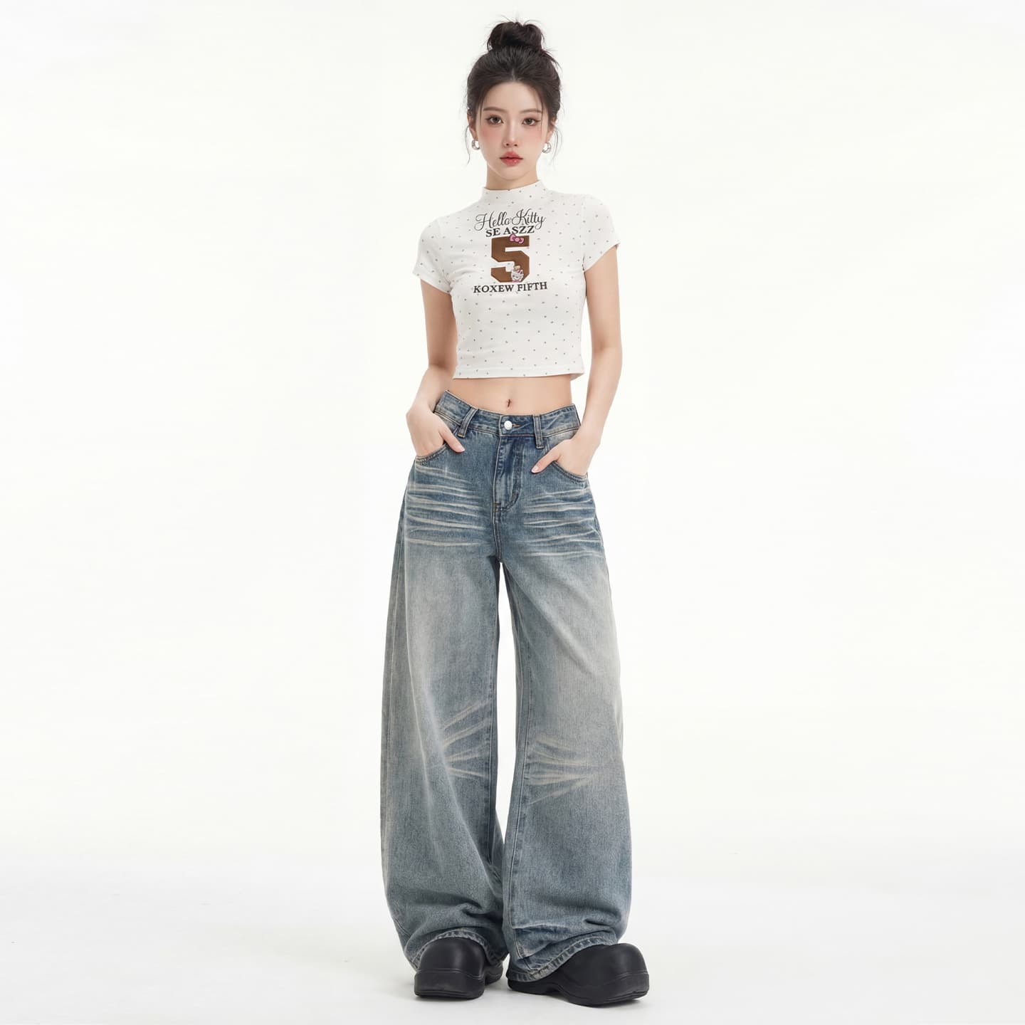 실사 아메리칸 레트로 바지 스태킹 디자인 루즈핏 넓은 다리 모통이 칼 청바지 여성 이미지 5