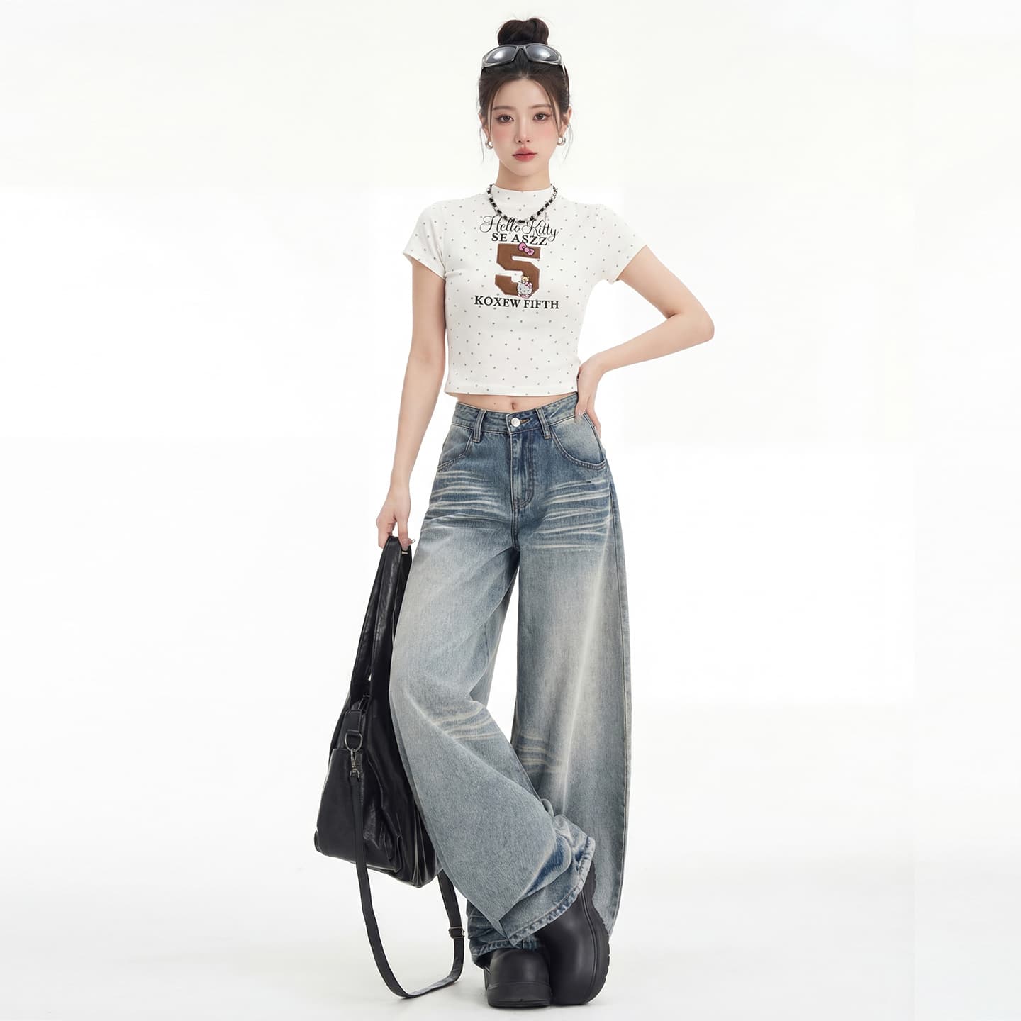 실사 아메리칸 레트로 바지 스태킹 디자인 루즈핏 넓은 다리 모통이 칼 청바지 여성 이미지 2
