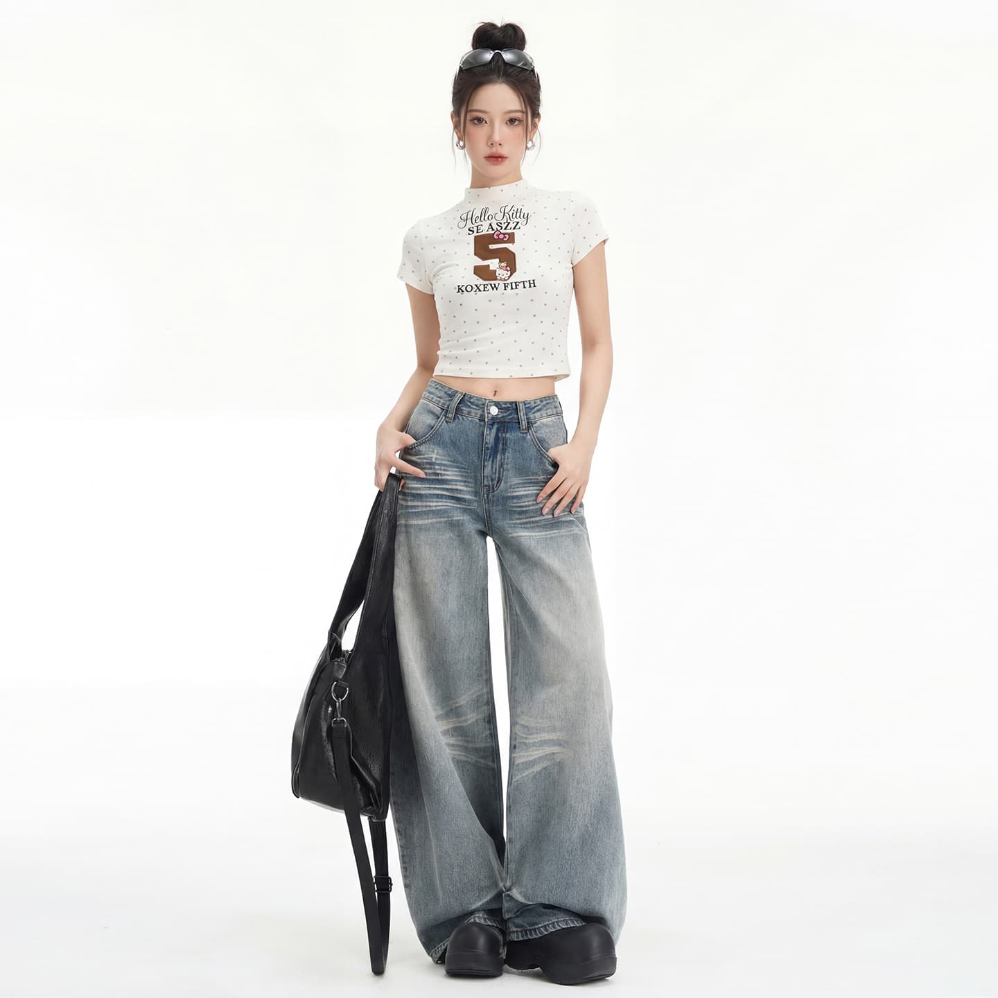 실사 아메리칸 레트로 바지 스태킹 디자인 루즈핏 넓은 다리 모통이 칼 청바지 여성 이미지 4