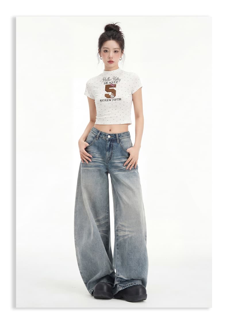 실사 아메리칸 레트로 바지 스태킹 디자인 루즈핏 넓은 다리 모통이 칼 청바지 여성 상세 이미지 15