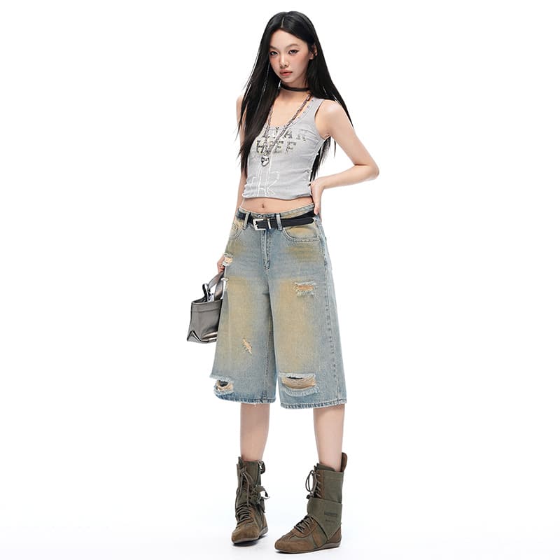 실사 아메리칸 여름 새로운 찢어진 부분 진흙 염색 루즈핏 스트레이트 워싱 데님 바지 7부 바지 이미지 4