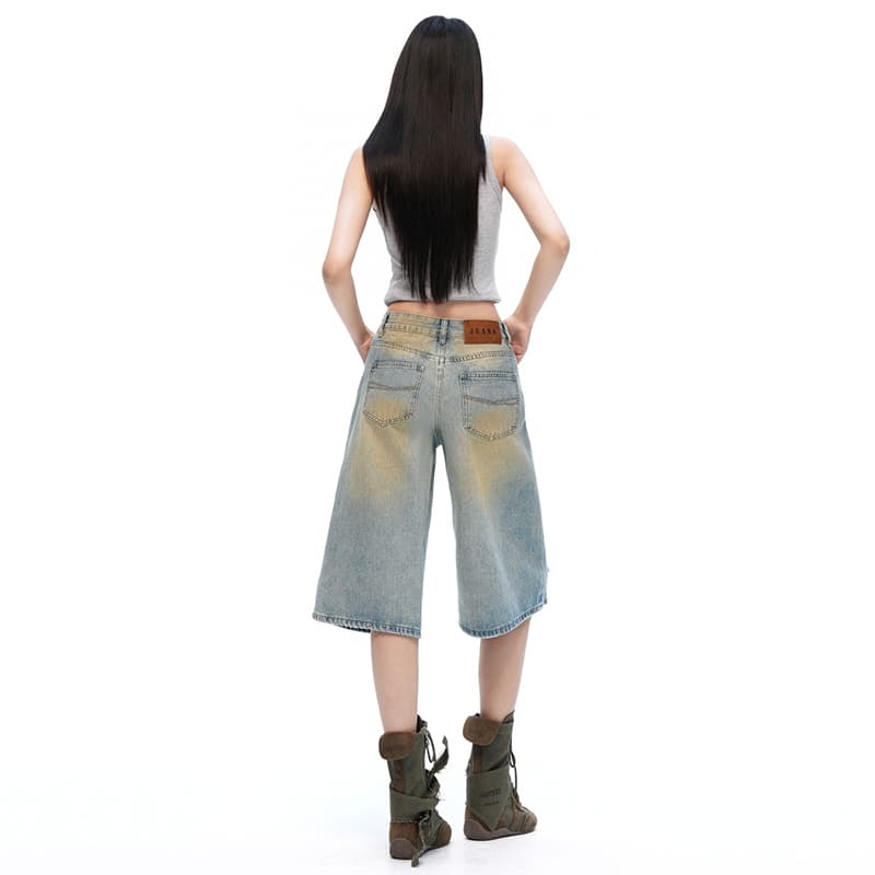 실사 아메리칸 여름 새로운 찢어진 부분 진흙 염색 루즈핏 스트레이트 워싱 데님 바지 7부 바지