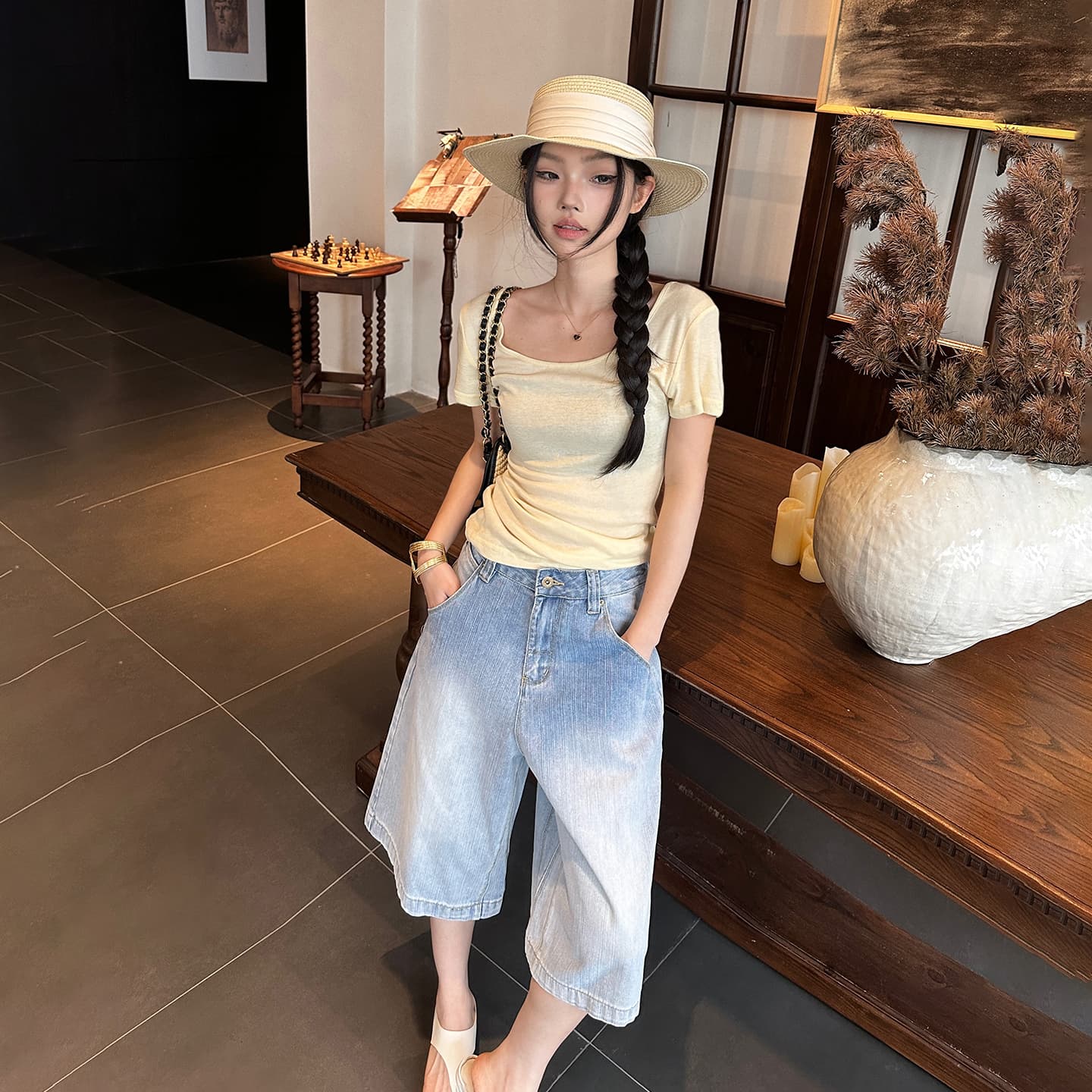 실사 아메리칸 레트로 루즈핏 와이드 레그 팬츠 다용도 외국 가스 이후 부서 버클 디자인 센스 7부 바지 청바지 여성 새로운 이미지 5