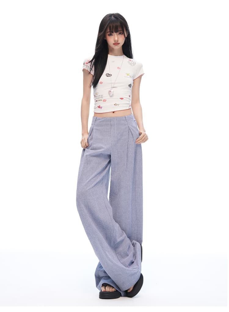 실사 느긋한 여름 오래된 돈 바람 안개 블루 체크무늬 스트레이트 와이드 레깅스 바지 명중 Pleat 통기성 한 마디 프로필 모양 캐주얼 바지 상세 이미지 15