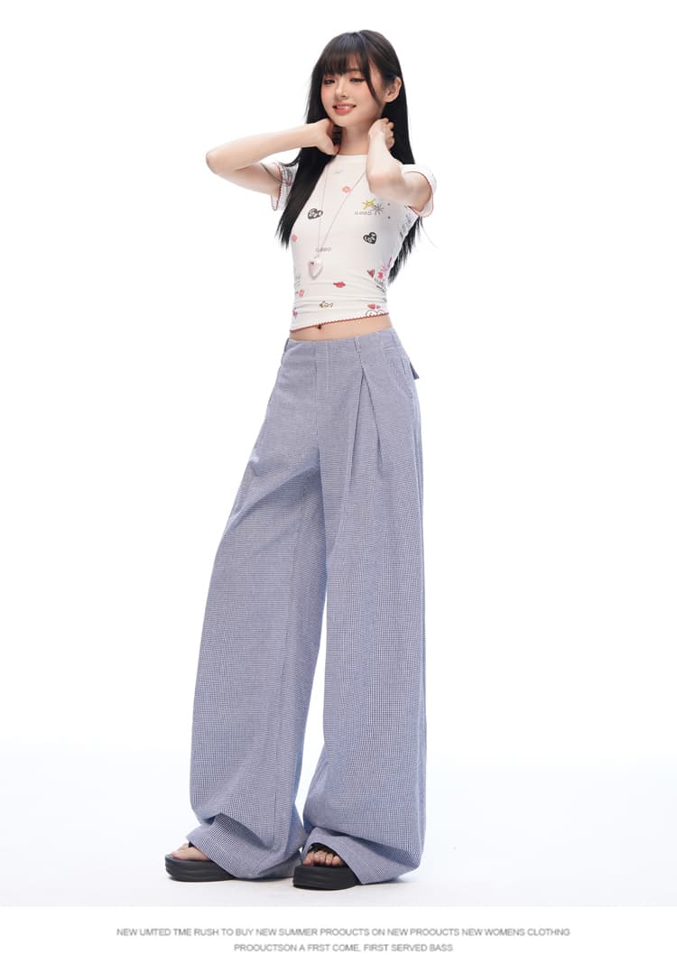 실사 느긋한 여름 오래된 돈 바람 안개 블루 체크무늬 스트레이트 와이드 레깅스 바지 명중 Pleat 통기성 한 마디 프로필 모양 캐주얼 바지 상세 이미지 16