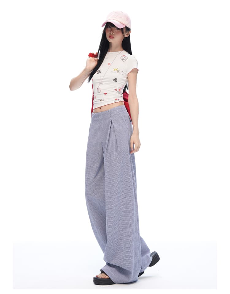 실사 느긋한 여름 오래된 돈 바람 안개 블루 체크무늬 스트레이트 와이드 레깅스 바지 명중 Pleat 통기성 한 마디 프로필 모양 캐주얼 바지 상세 이미지 20