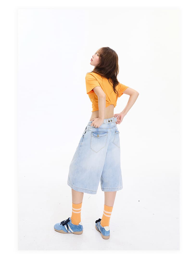 실사 아메리칸 레트로 루즈핏 와이드 레그 팬츠 다용도 외국 가스 이후 부서 버클 디자인 센스 7부 바지 청바지 여성 새로운 상세 이미지 17