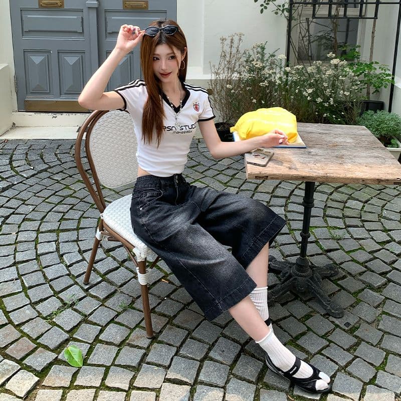 실사 여름 신제품 거리 밖 일기 트렌드 사냥꾼 달콤한 차가운 블랙 회색 7 점 청바지 여성 이미지 5