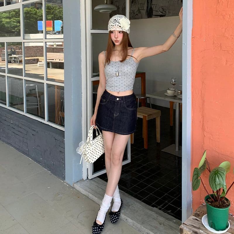 실사 현대 오래된 주제 한 부서 다용도 섹션 레트로 데님 미니 스커트 여성 여름 하이웨이스트 노출 방지 한 마디 치마바지 이미지 4