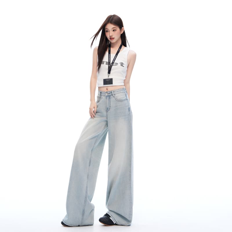 실사 새로운 바다 소금 푸른 소 무거운 작업 워싱 꽃꽂이 청바지 여성 아메리칸 루즈핏 와이드 레그 팬츠 어린이 이미지 3
