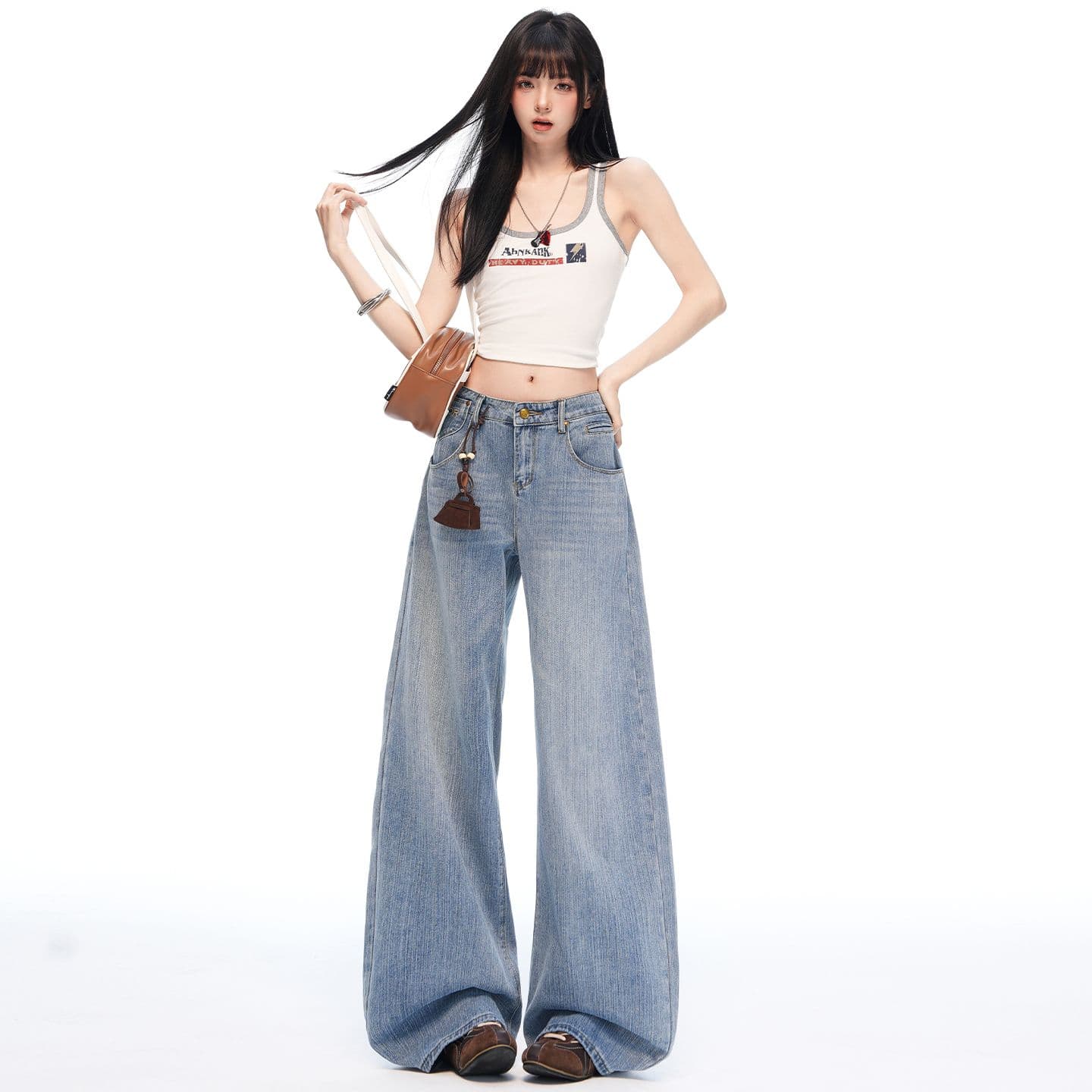 실사 아메리칸 레트로 파리 버클 디자인 대나무 마디 데님 루즈핏 넓은 다리 청바지 여성 이미지 2