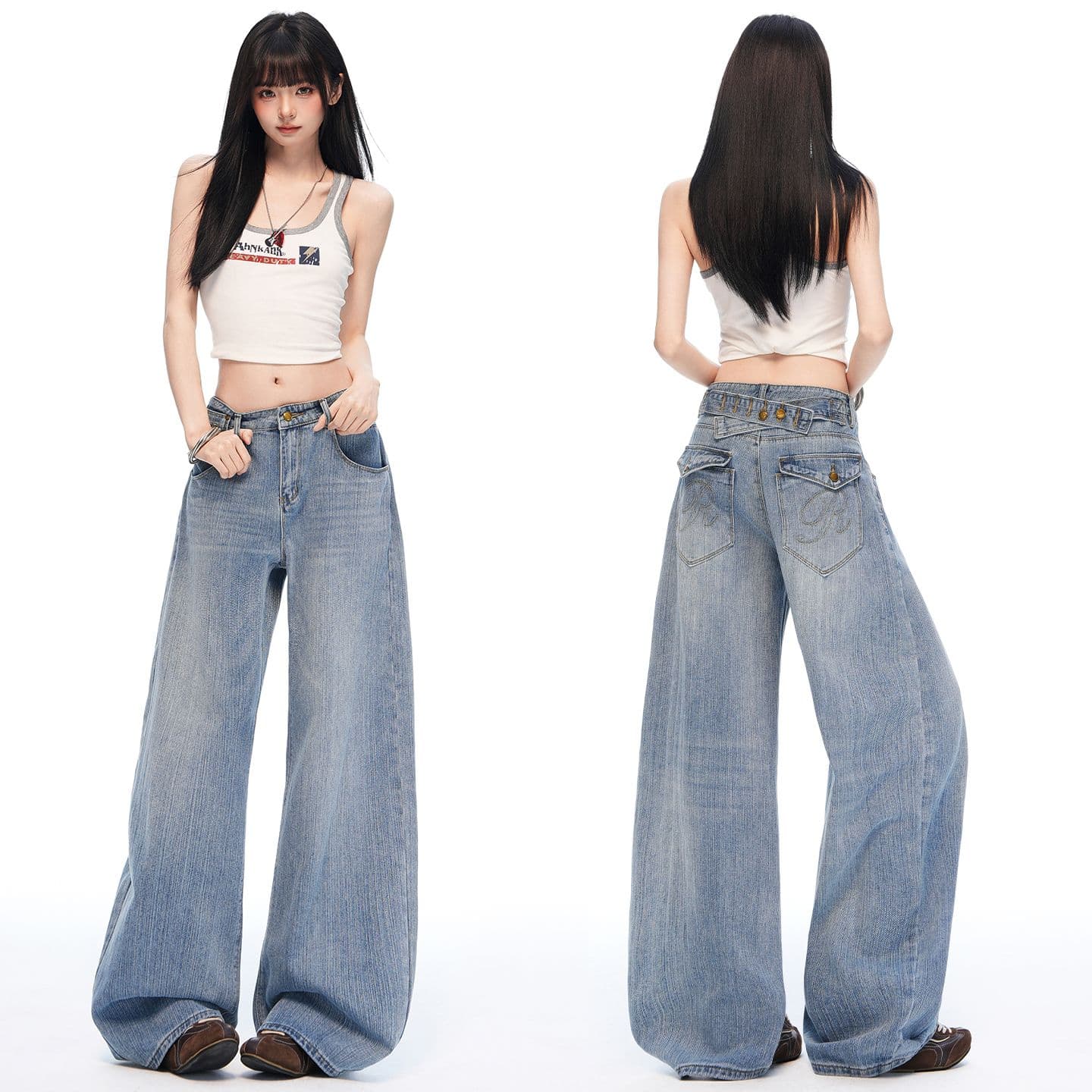 실사 아메리칸 레트로 파리 버클 디자인 대나무 마디 데님 루즈핏 넓은 다리 청바지 여성 이미지 4