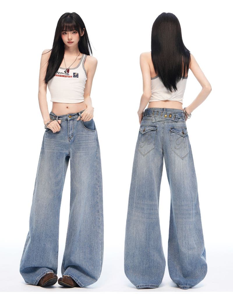 실사 아메리칸 레트로 파리 버클 디자인 대나무 마디 데님 루즈핏 넓은 다리 청바지 여성 상세 이미지 6