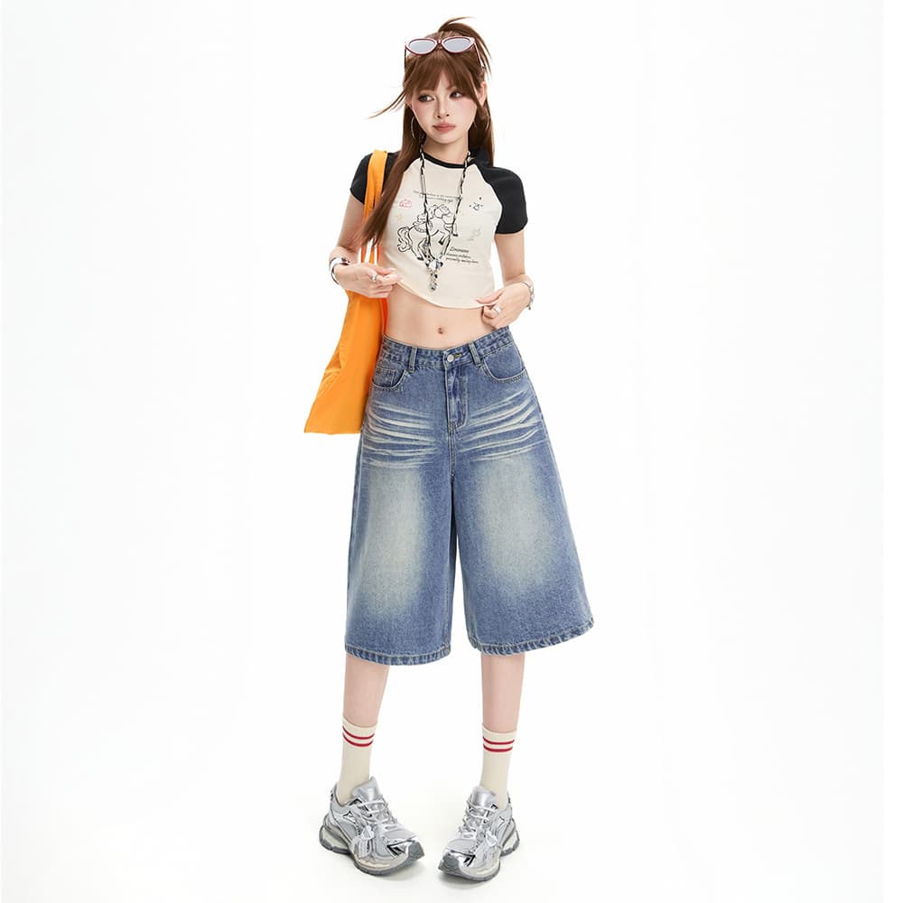 실사 여름 데님 7부 바지 여성 압력 주름 3 차원 고양이 반드시 무거운 작업 워싱 루즈핏 스트레이트 슬림해 보이는 넓은 다리 바지 이미지 2