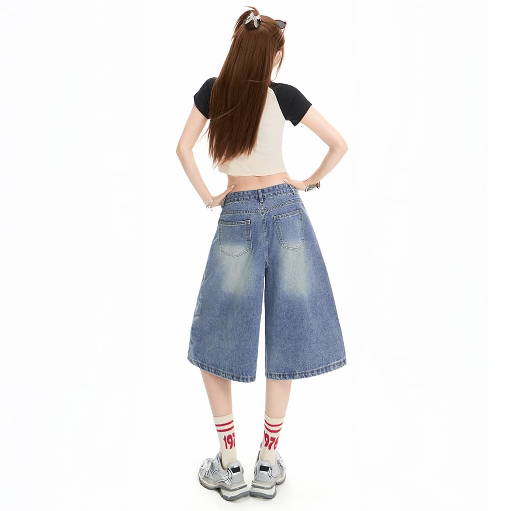 실사 여름 데님 7부 바지 여성 압력 주름 3 차원 고양이 반드시 무거운 작업 워싱 루즈핏 스트레이트 슬림해 보이는 넓은 다리 바지 이미지 3