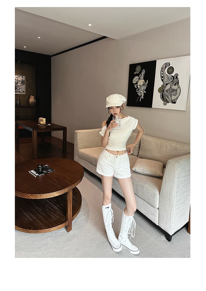 실사 아메리칸 레트로 핫걸 몸매 가꾸기 슬림해 보이는 반바지 화이트 뒤집다 측면 순수한 욕망 펭 넓적 다리 타이트 스커트 청바지 여성 여름 상세 이미지 8