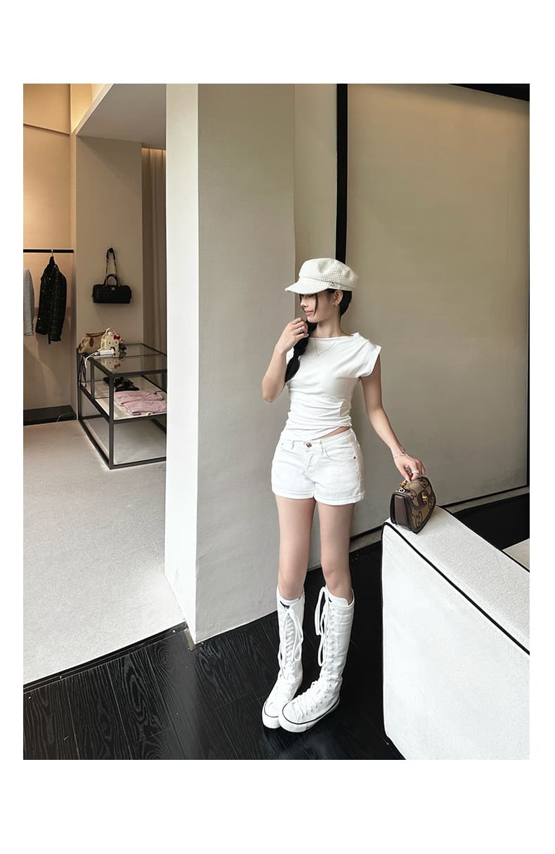 실사 아메리칸 레트로 핫걸 몸매 가꾸기 슬림해 보이는 반바지 화이트 뒤집다 측면 순수한 욕망 펭 넓적 다리 타이트 스커트 청바지 여성 여름 상세 이미지 11