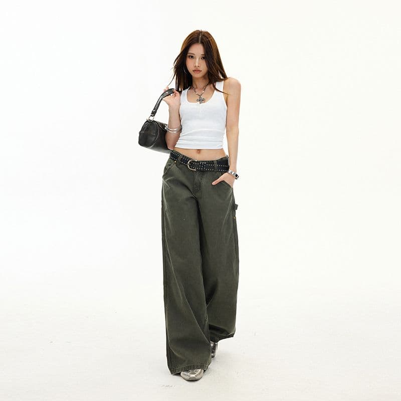 실사 아메리칸 레트로 로우 웨이스트 워싱 핫걸 워크웨어 팬츠 여성 스트레이트 부츠컷 캐주얼 바지 이미지 2