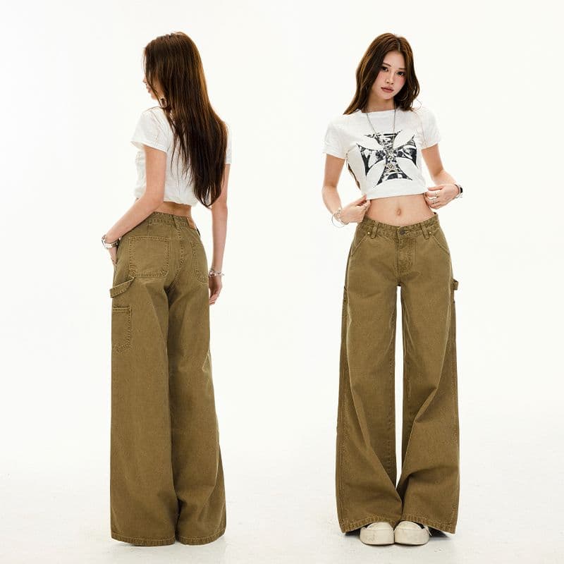 실사 아메리칸 레트로 로우 웨이스트 워싱 핫걸 워크웨어 팬츠 여성 스트레이트 부츠컷 캐주얼 바지 이미지 4