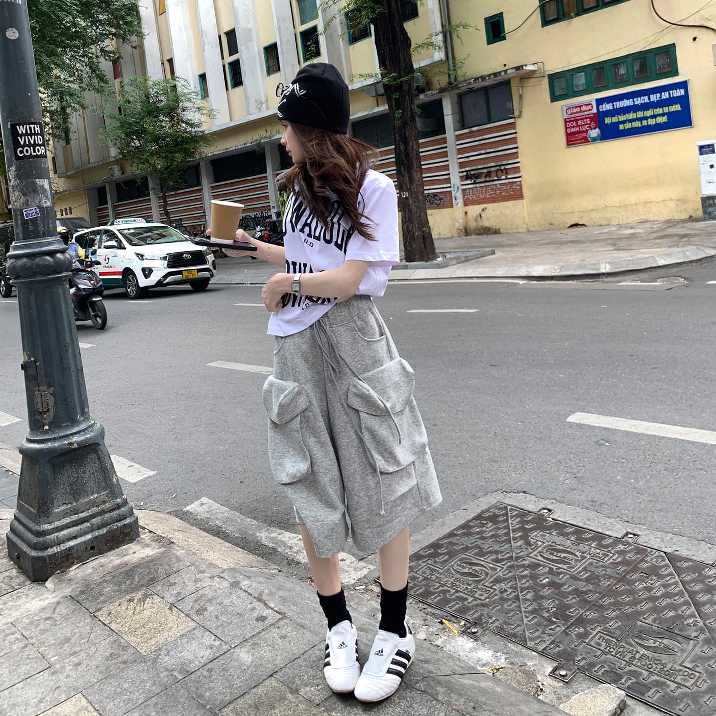 실사 트로피컬 끝났어 여름 느긋한 일상 느슨함 다용도 스타일 회색 빅 포켓 별 바지 이미지 5