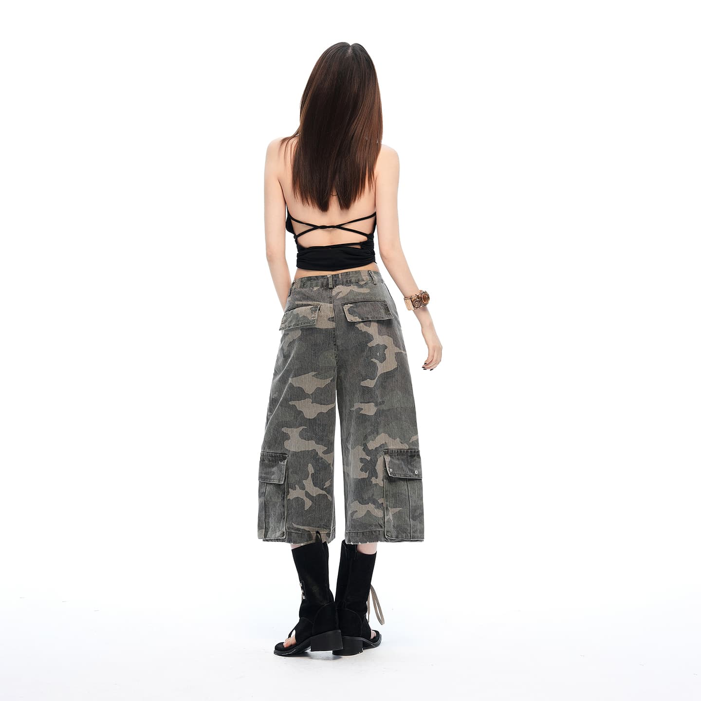 실사 26 년 여름 새로운 아메리칸 레트로 워싱 연삭 화이트 카모플라주 하이웨이스트 워크웨어 주머니 7 점 청바지 여성 이미지 5