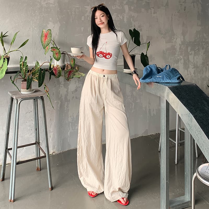 실사 아메리칸 레트로 하이웨이스트 루즈핏 와이드 레그 팬츠 여름 새로운 펌프 로프 얇은 재료 다용도 스트레이트 캐주얼 바지 여성 이미지 3
