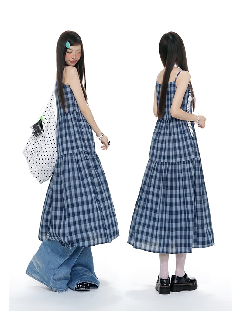 실사 신제품 2026 여름 한 부서 블루 그리드 슬립 슬림해 보이는 소녀 연령 감소 디자인 센스 캐주얼 롱 스커트 상세 이미지 10