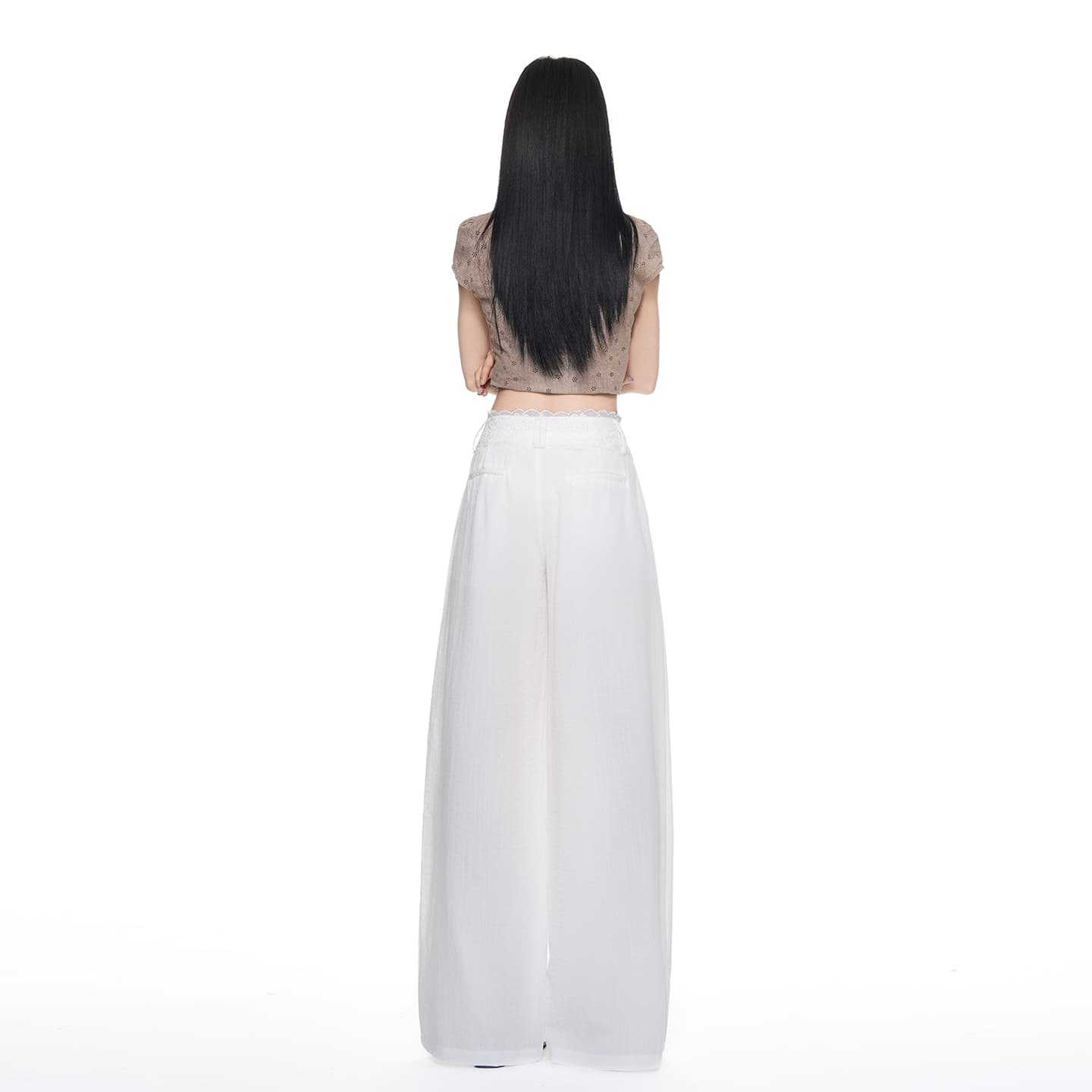 실사 화이트 레이스 레이스 패치워크 허리 머리 캐주얼 바지 여성 여름 얇은 스타일 중 로우 웨이스트 도루 센스 스트레이트 바닥 청소 바지 이미지 2