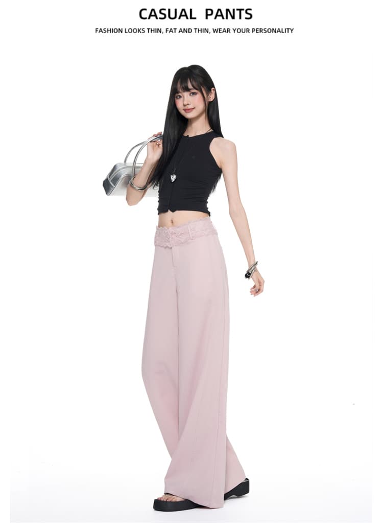 실사 화이트 레이스 레이스 패치워크 허리 머리 캐주얼 바지 여성 여름 얇은 스타일 중 로우 웨이스트 도루 센스 스트레이트 바닥 청소 바지 상세 이미지 10