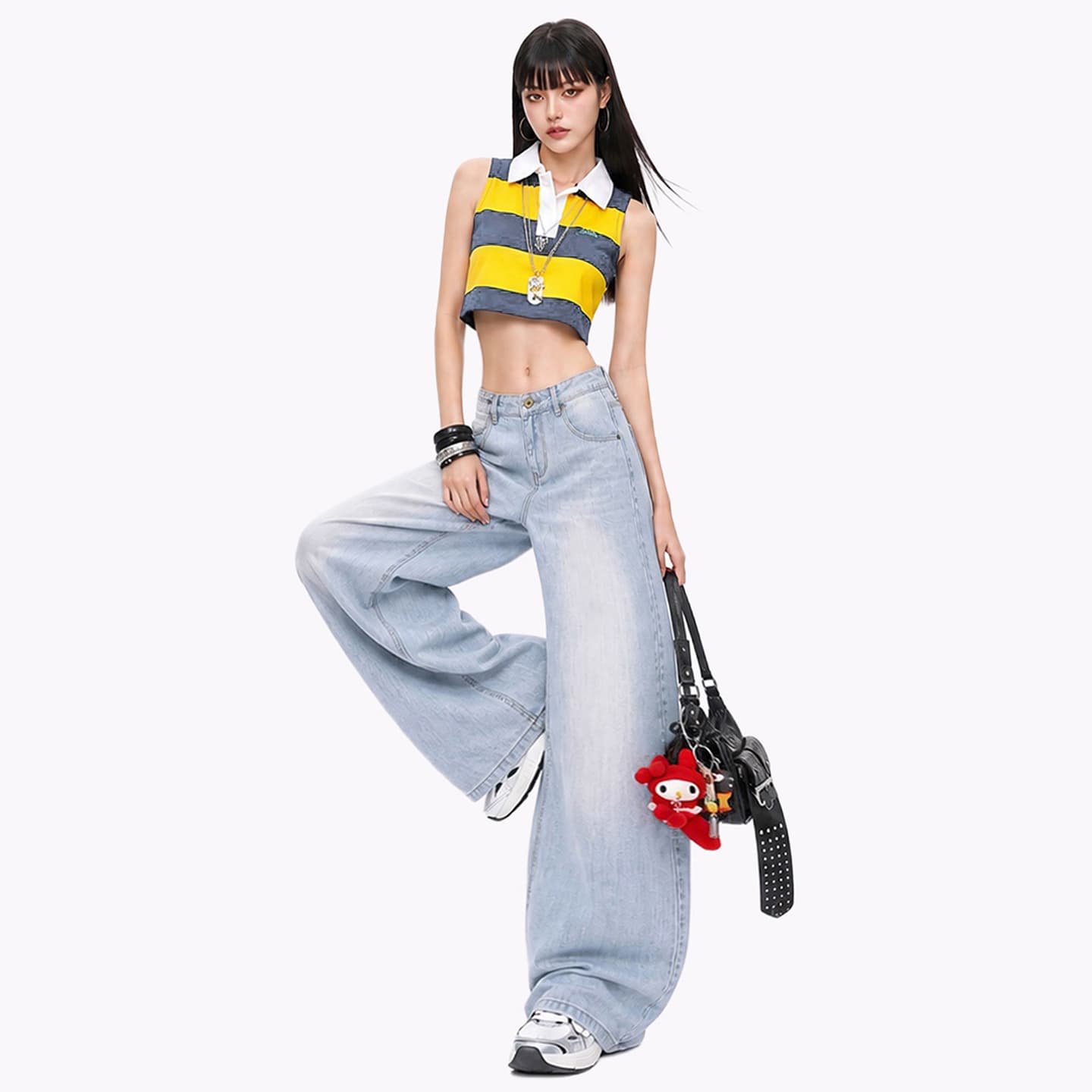 실사 레트로 파리 버클 아메리칸 루즈핏 와이드 레그 팬츠 이후 부서 버클 디자인 센스 수 있습니다. 조정 모통이 칼 바지 청바지 여성 이미지 2