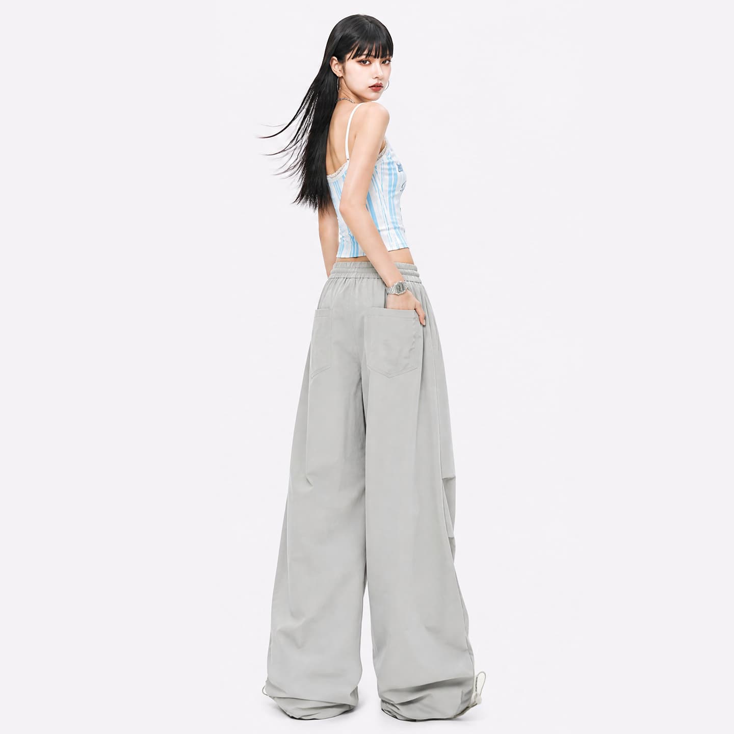 실사 아메리칸 레트로 루즈핏 워크웨어 우산 바지 여성 넓은 다리 바닥 청소 hiphop 재즈 스트리트 댄스 긴 바지 도루 센스 느긋한 이미지 2