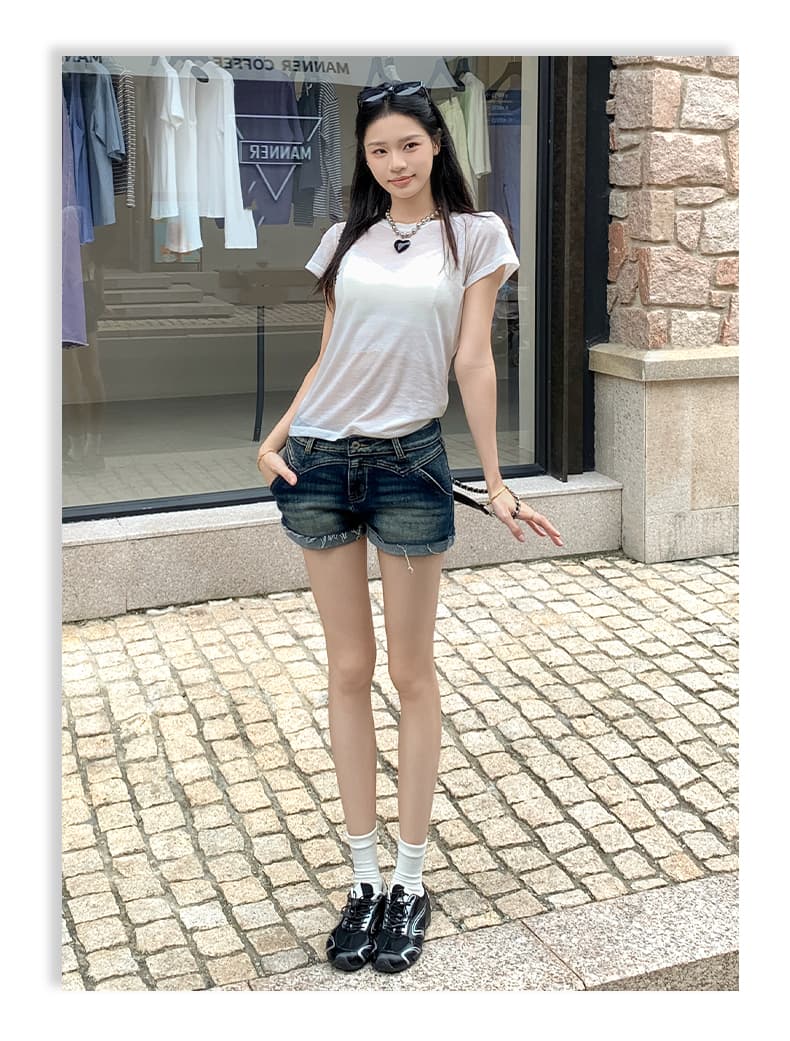 실사 아메리칸 레트로 워시 물 마 오래된 뒤집다 측면 데님 반바지 여성 상세 이미지 12