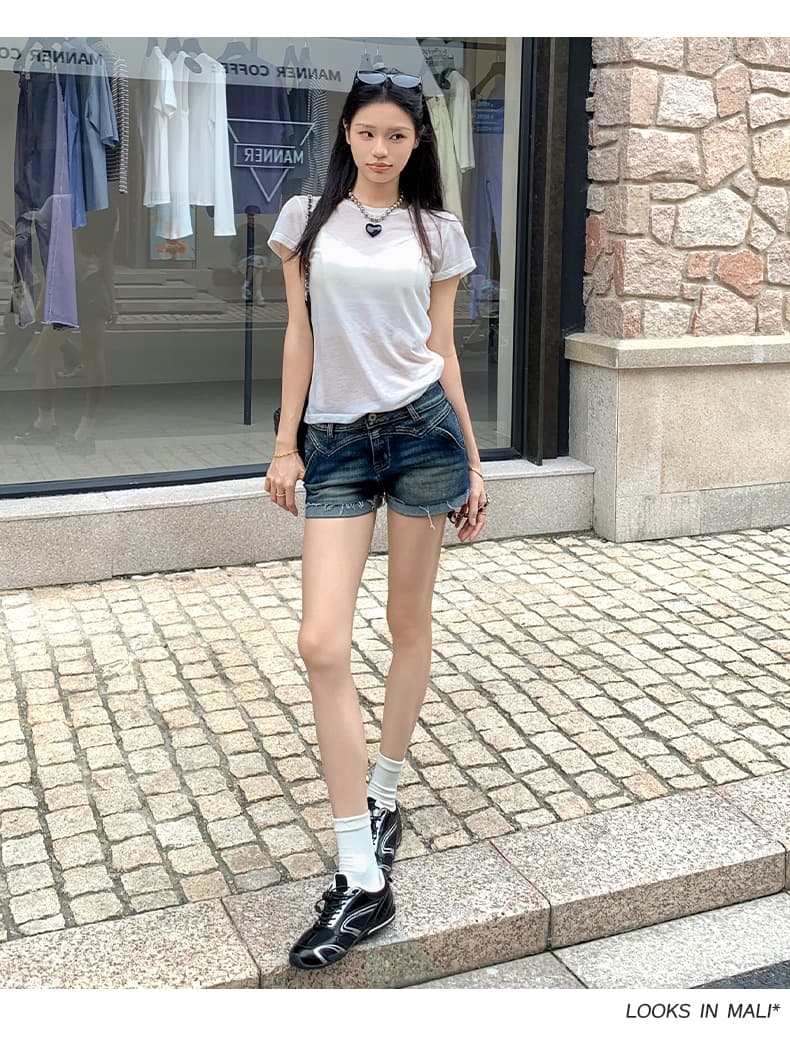 실사 아메리칸 레트로 워시 물 마 오래된 뒤집다 측면 데님 반바지 여성 상세 이미지 17