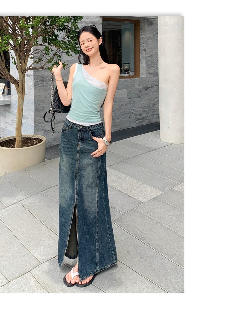 실사 아메리칸 레트로 이전 트임 디자인 타이트 스커트 데님 반신 스커트 여성 상세 이미지 9