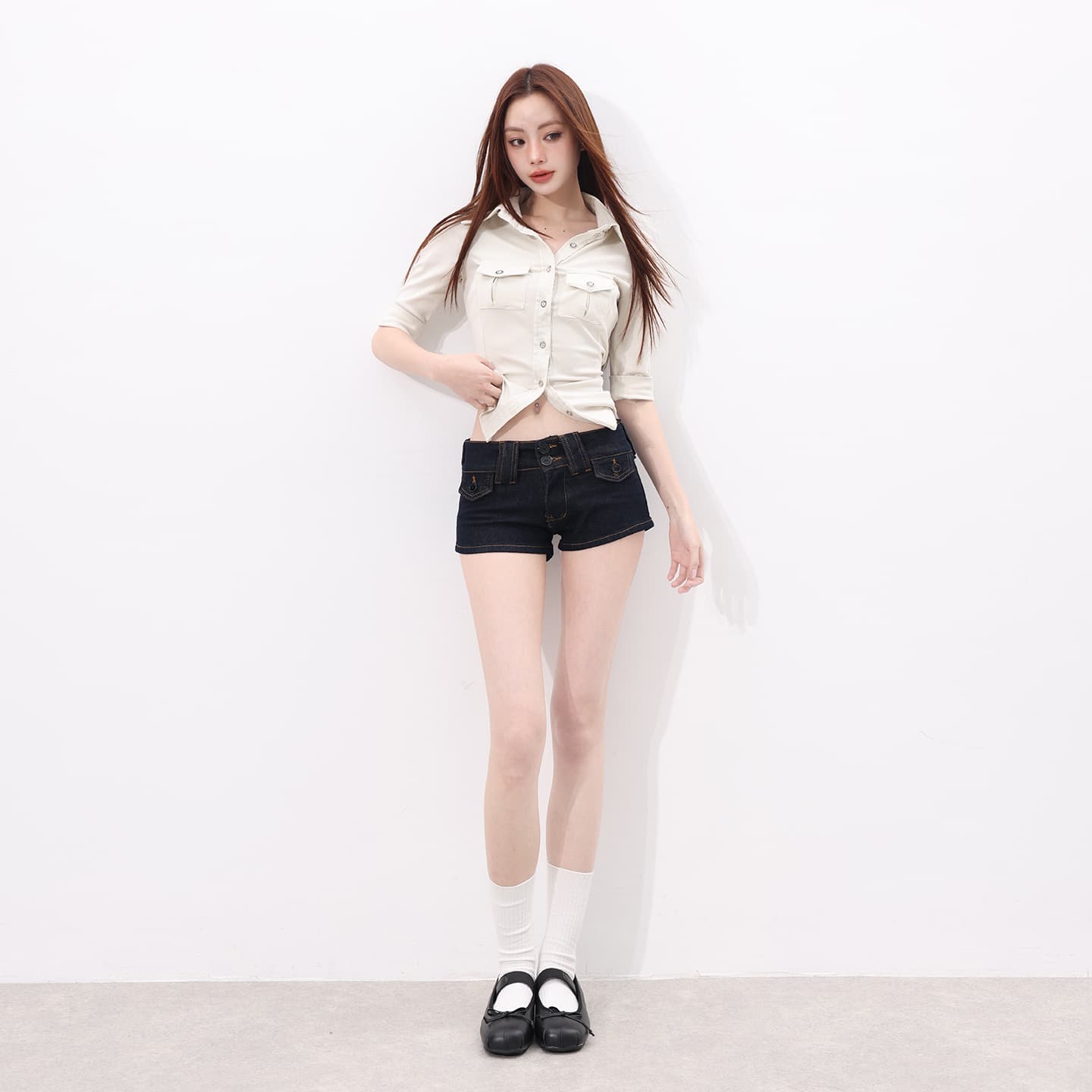 실사 hot nerd 미학 소녀 레트로 센스 한 여성 리프트 색상 다용도 데님 핫 바지 싱글 제품 이미지 5
