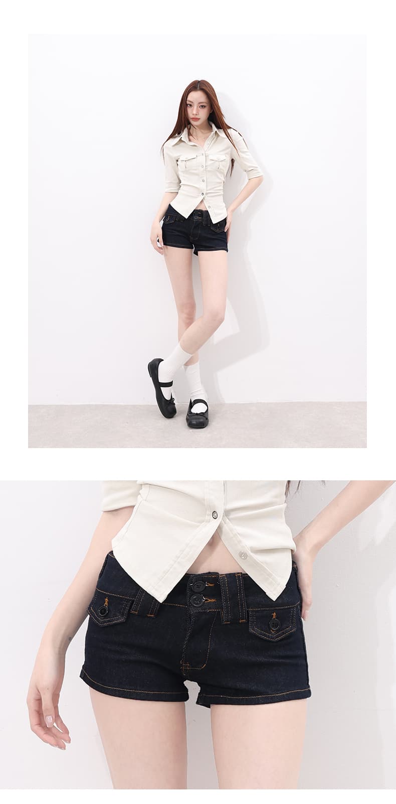 실사 hot nerd 미학 소녀 레트로 센스 한 여성 리프트 색상 다용도 데님 핫 바지 싱글 제품 상세 이미지 5