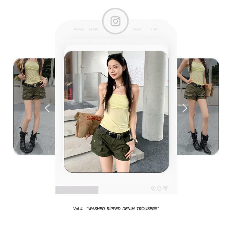 실사 아메리칸 핫걸 레트로 마 오래된 로우 웨이스트 워크웨어 데님 반바지 여성 상세 이미지 2