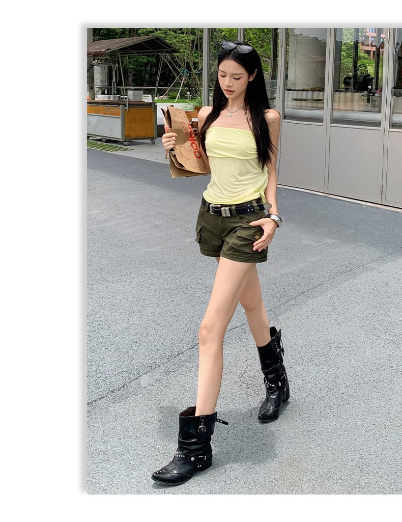 실사 아메리칸 핫걸 레트로 마 오래된 로우 웨이스트 워크웨어 데님 반바지 여성 상세 이미지 9