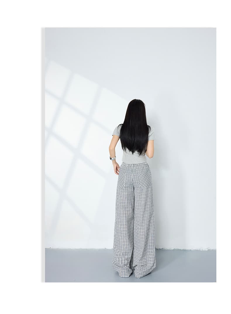 실사 2 색 레트로 루즈핏 허리밴드 체크무늬 다용도 슬림해 보이는 느긋한 바람 스트레이트 단추 디자인 캐주얼 바지 여성 상세 이미지 13