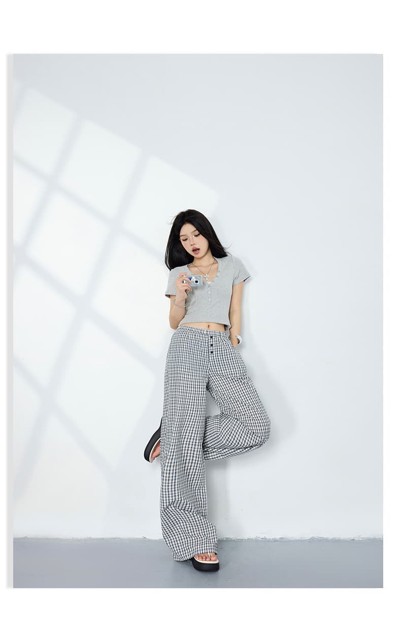 실사 2 색 레트로 루즈핏 허리밴드 체크무늬 다용도 슬림해 보이는 느긋한 바람 스트레이트 단추 디자인 캐주얼 바지 여성 상세 이미지 16