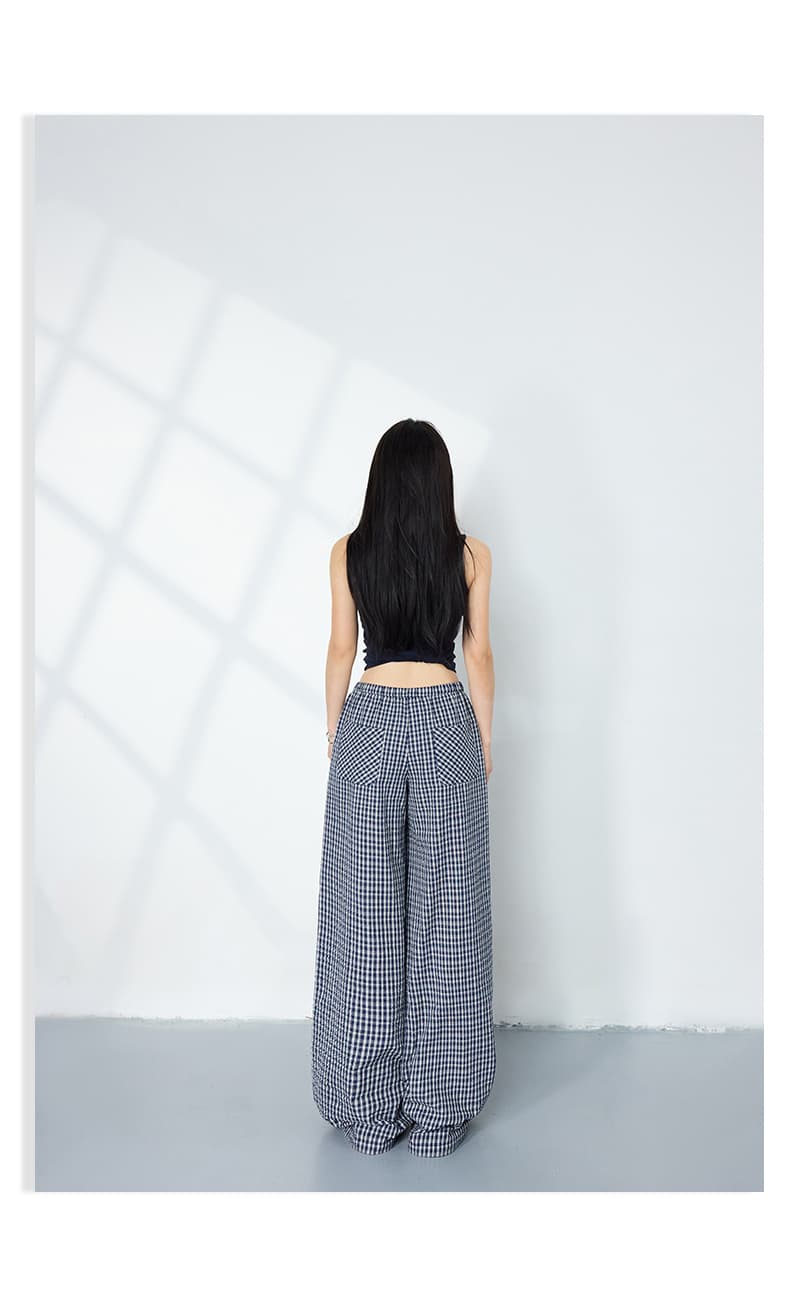 실사 2 색 레트로 루즈핏 허리밴드 체크무늬 다용도 슬림해 보이는 느긋한 바람 스트레이트 단추 디자인 캐주얼 바지 여성 상세 이미지 24