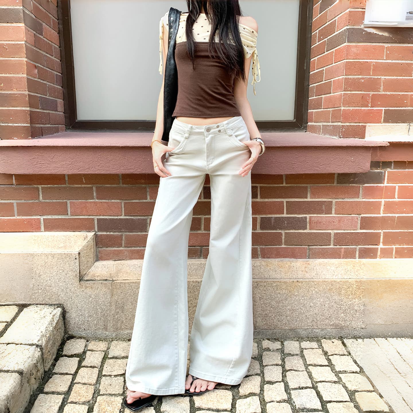실사 아메리칸 레트로 징 장식 로우 웨이스트 루즈핏 나팔 청바지 여성 이미지 2