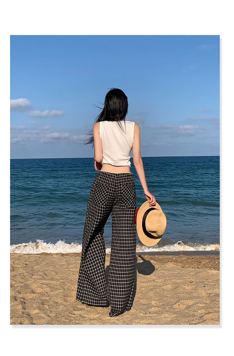 실사 여름 새로운 아메리칸 레트로 체크무늬 레이스 와이드 레깅스 바지 여름 얇은 스타일 펌프 로프 루즈핏 바닥 청소 캐주얼 바지 상세 이미지 12