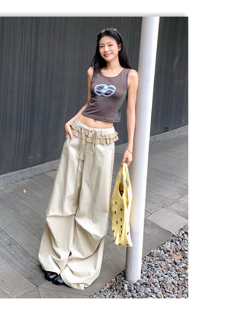 실사 아메리칸 레트로 레이스 패치워크 디자인 주름 루즈핏 넓은 다리 캐주얼 바지 여성 상세 이미지 10