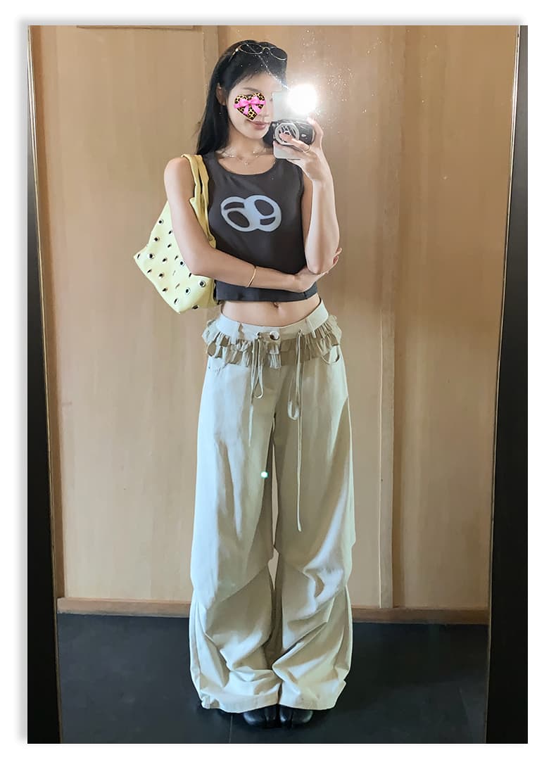 실사 아메리칸 레트로 레이스 패치워크 디자인 주름 루즈핏 넓은 다리 캐주얼 바지 여성 상세 이미지 18